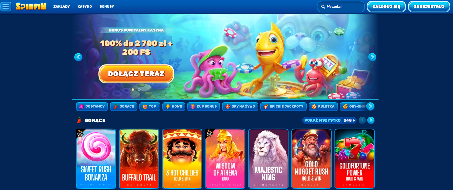 Online casino website header with cartoon underwater theme, showing octopus holding cards, fish holding poker chips, and crab with coins