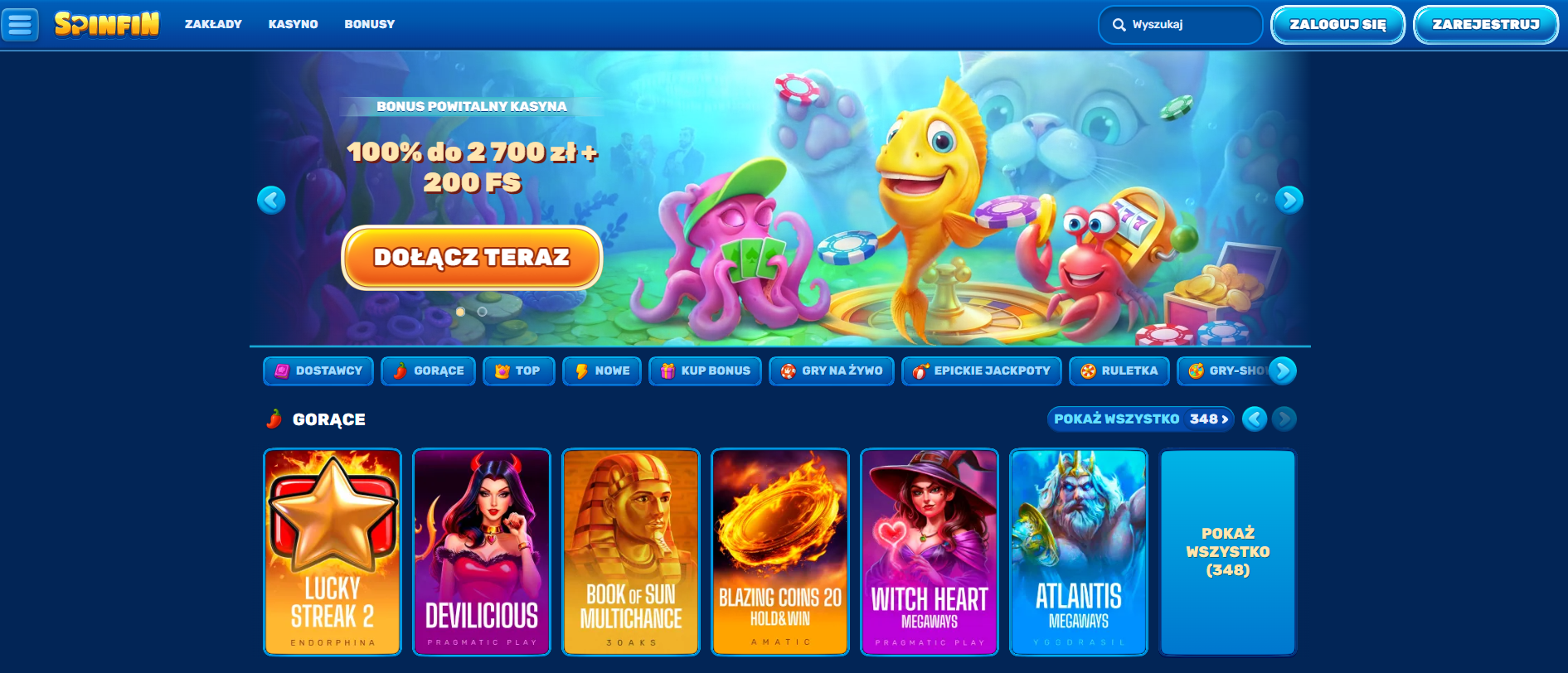 Underwater-themed online casino header featuring a cartoon octopus with playing cards, a fish carrying poker chips, and a crab holding coins.
