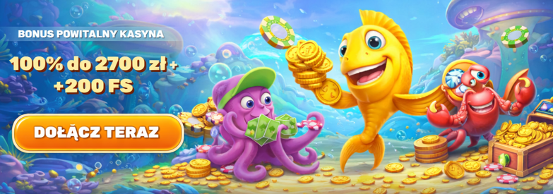 nderwater-themed casino promotion showing a smiling yellow fish spinning a wheel, a purple octopus holding cards, and a red crab slot-machine character surrounded by chips.