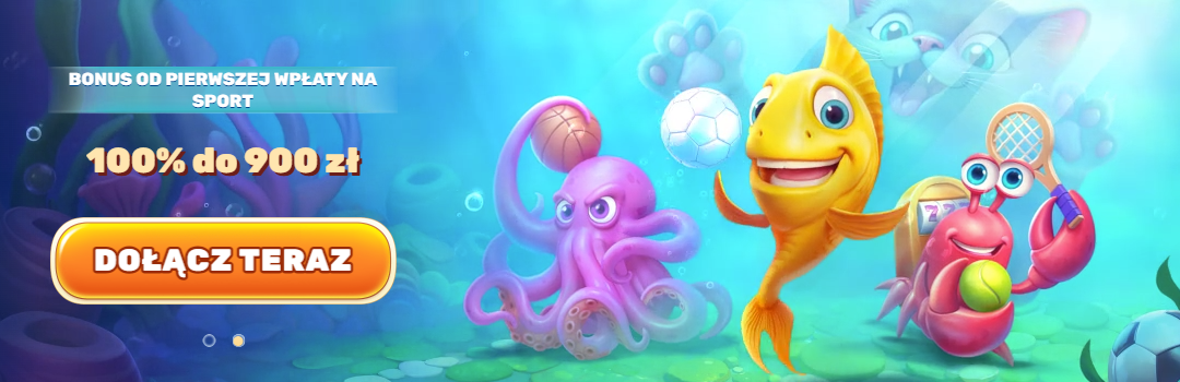 nderwater-themed casino promotion showing a smiling yellow fish spinning a wheel, a purple octopus holding cards, and a red crab slot-machine character surrounded by chips.