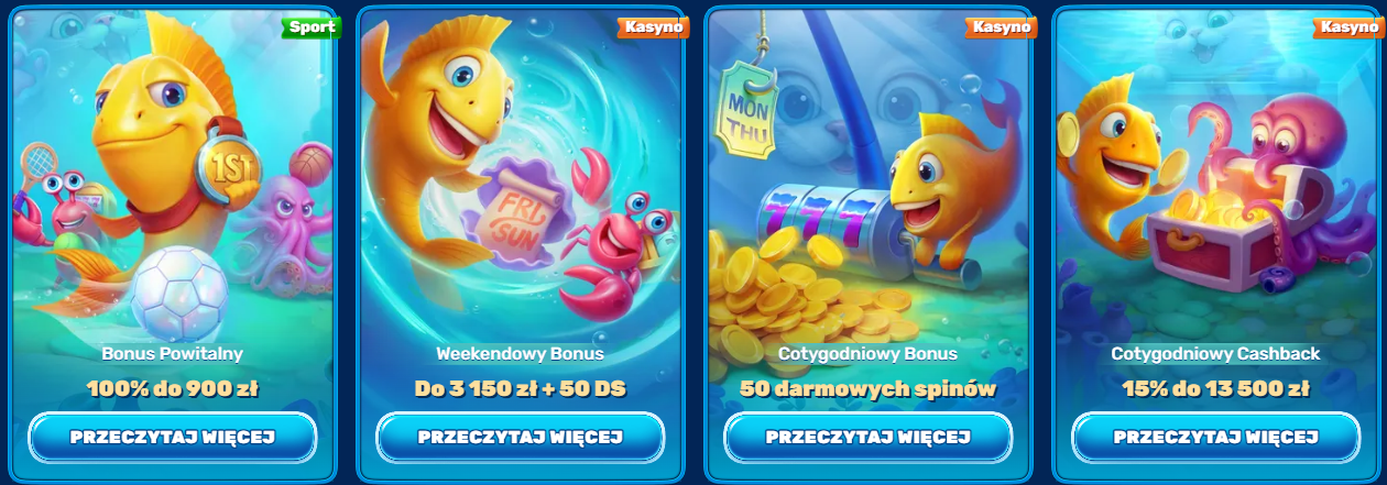 Cartoon yellow fish with a green turtle in a purple shell full of cash, coins, and reward cards, promoting